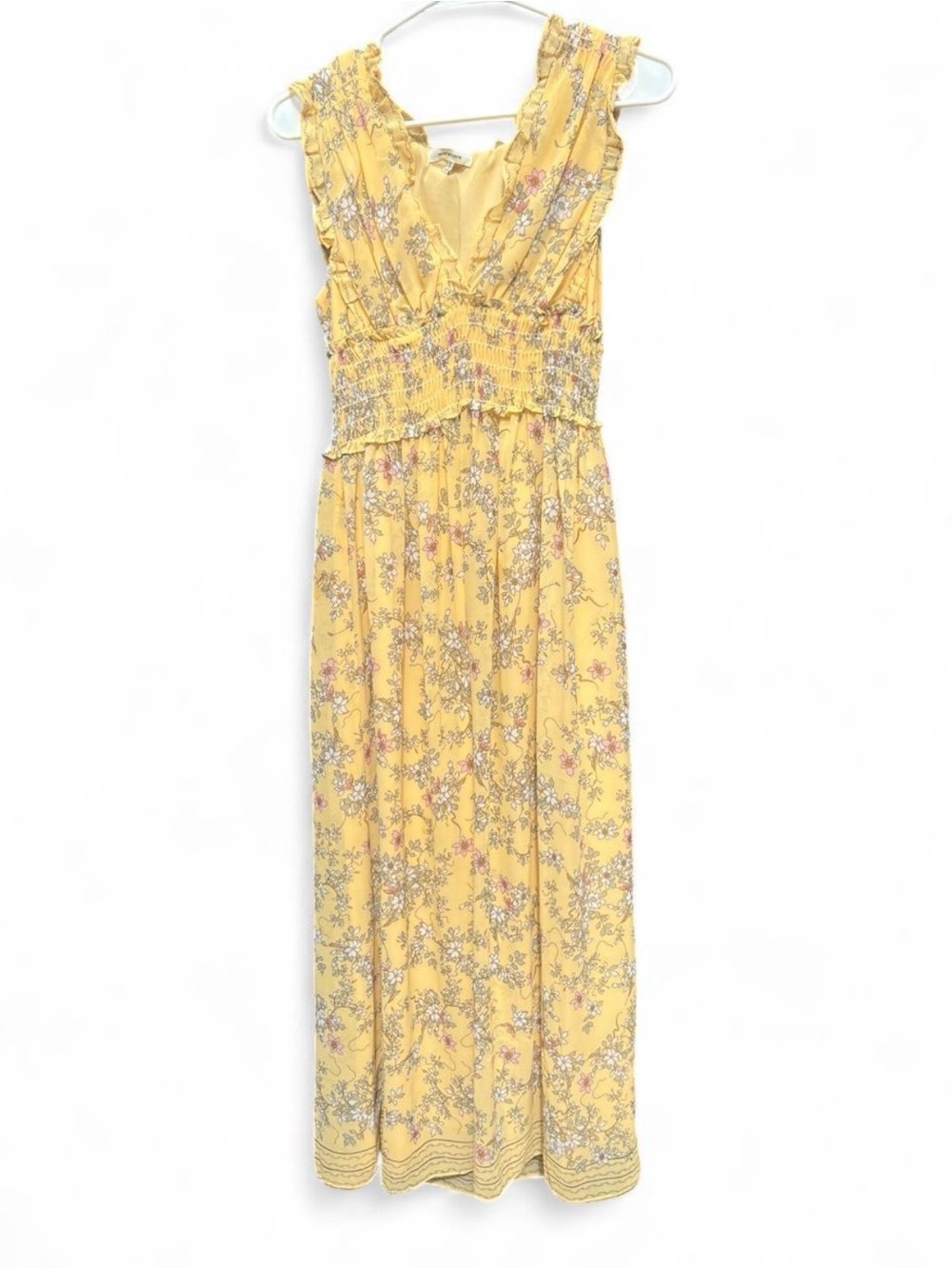 Max Studio Prairie Cottagecore Yellow Floral Smocked Waist Maxi Dress Sz M